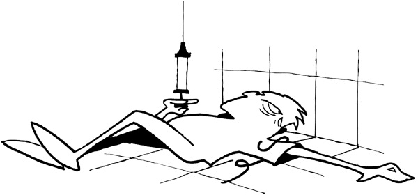Man on bed with hypodermic needle vinyl sticker. Customize on line. Drug Abuse 029-0075
